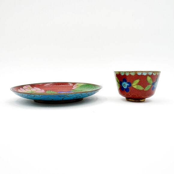 Antique Chinese Cloisonne Cup And Plate Red w Blue Dogwood Pink Lotus Pattern - Picture 10 of 13